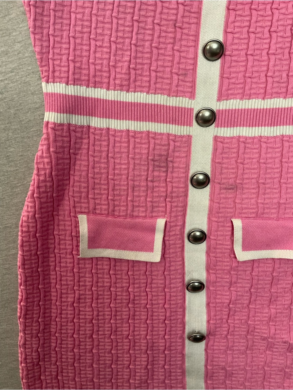 Fashion nova Pink Knit Button-Front Sheath Dress with White Trim - Picture 6 of 7